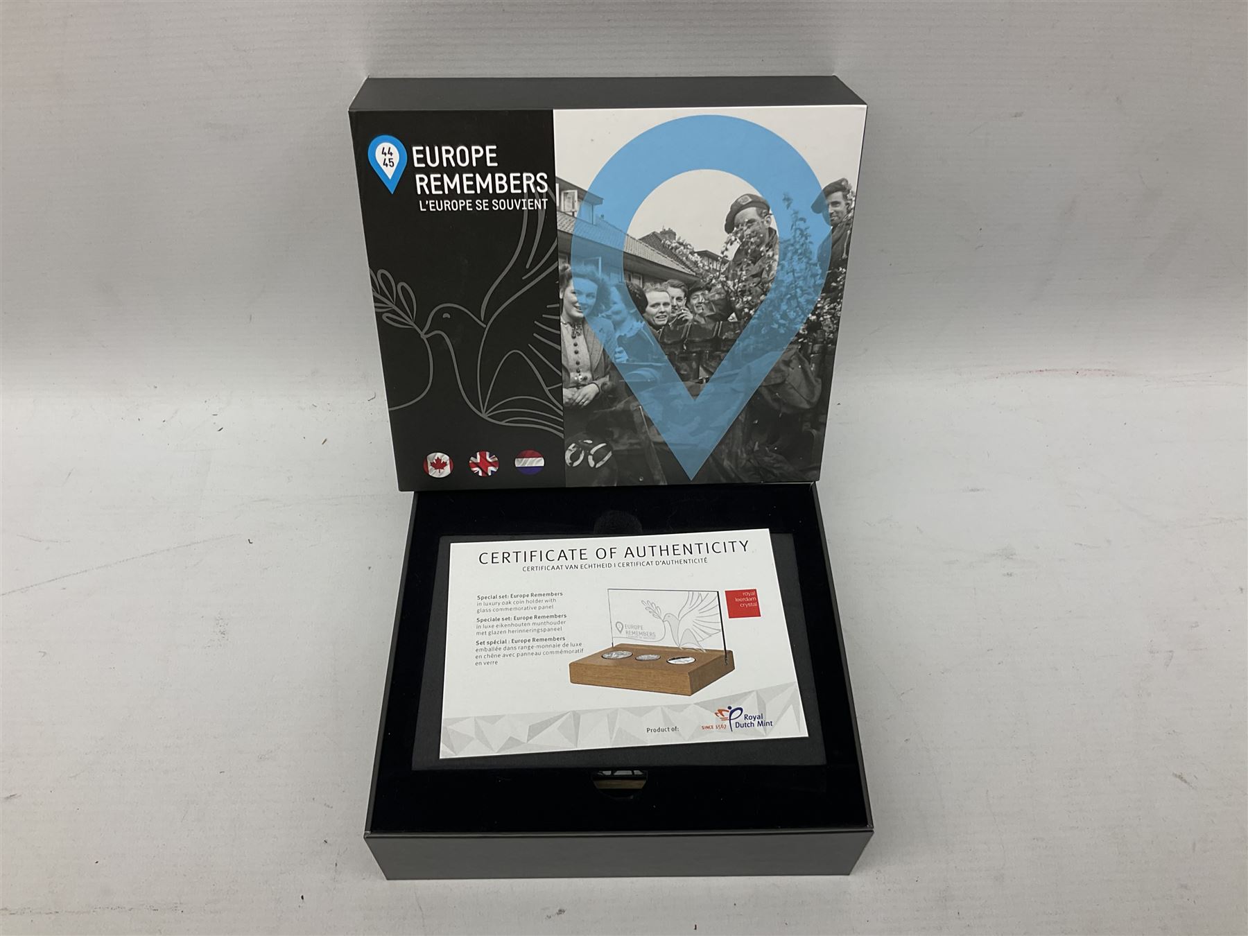 Royal Dutch Mint 'Europe Remembers' silver three coin set, comprised of Royal Canadian Mint 2020 one dollar '75th Anniversary of V-E Day', The Royal Mint 2020 one pound '75th Anniversary of VE Day' and Royal Dutch Mint 2020 five euros '75 Years of Freedom', cased with certificate