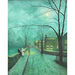 Robert Wood (British 20th century) after Atkinson Grimshaw: Moonlight Street scenes, two oils on board signed and dated (19)94/97, 46cm x 37cm (2)