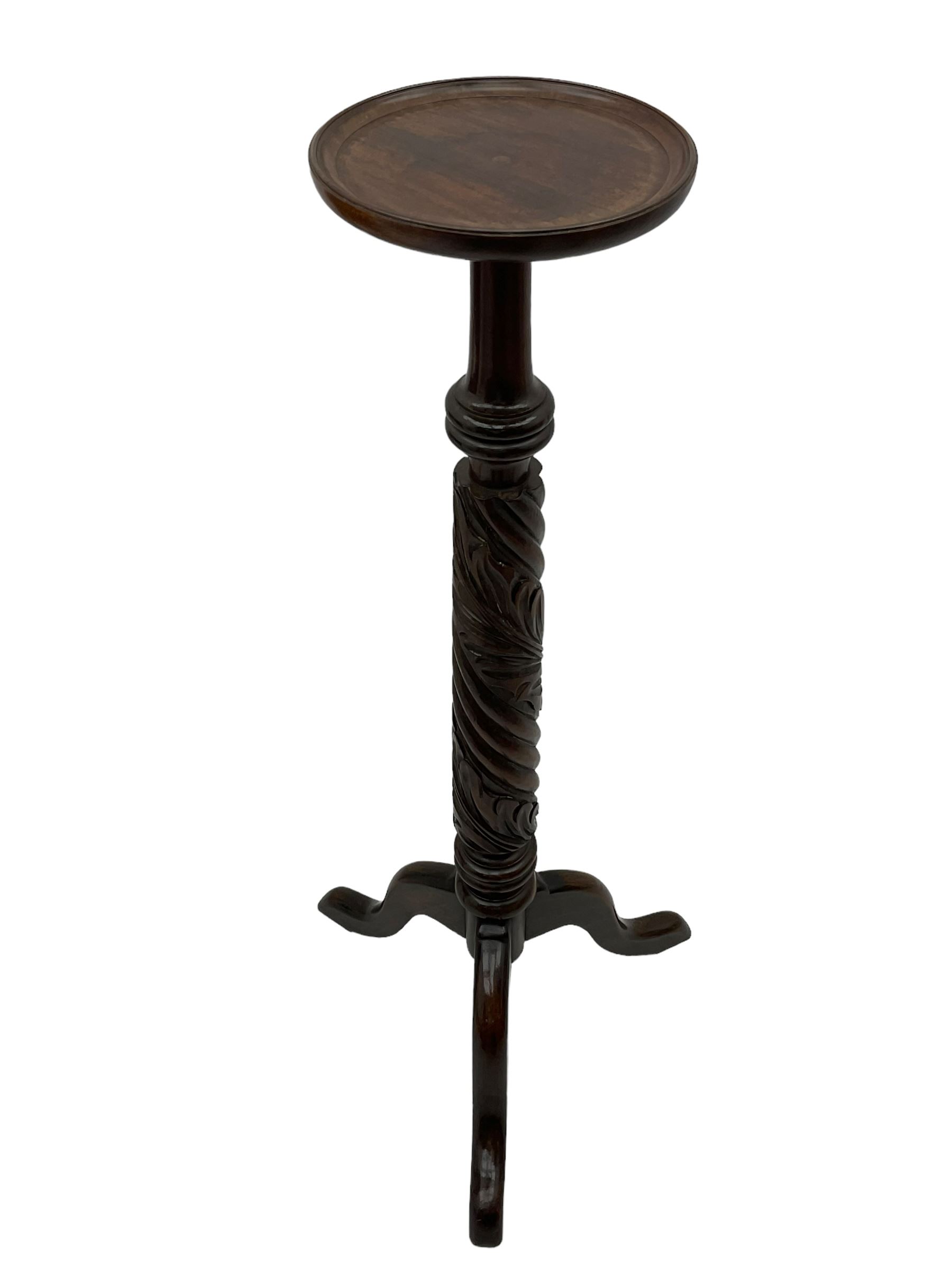 Mahogany rope twist jardiniere stand (H98cm); George III mahogany fold-over tea table (H75cm); occasional table with sectioned drawer (H72cm, W49cm, D37cm); upholstered stool (4)