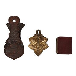 Miniature common prayer book with silver cover, hallmarked, together with brass letter clip if the form of a vine leaf, together with another letter clip in the form of a hand
