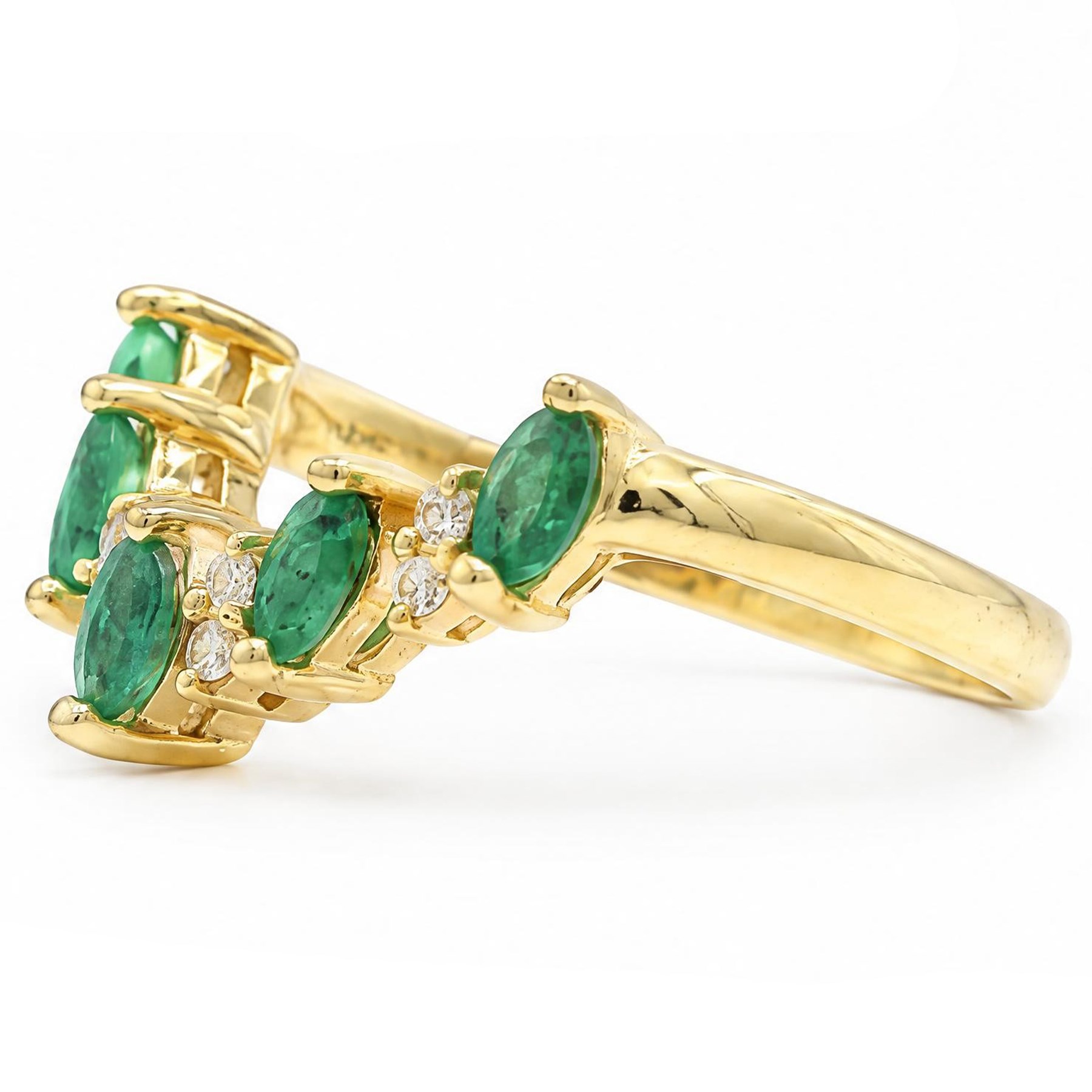 14ct gold emerald and diamond wishbone ring, five marquise cut emeralds, spaced by eight round cut diamond accents, stamped 585