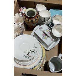Royal Doulton 'Bamboo' pattern tea wares comprising eight cups, saucers and plates, Cornish ware jars, motto ware jug and cup, Shelley saucers, collectors plates and other ceramics in three boxes