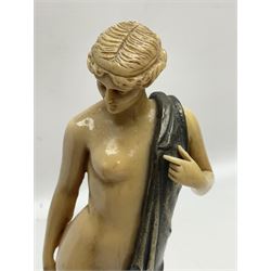 After Ferdinand Preiss (1882-1943), pair of Art Deco style, composite semi nude classical female figures, raised on circular onyx bases, H21cm