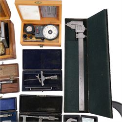 Collection of measures and gauges, including Venture Tachometer, collection of micrometers including Brown & Sharpe examples, three height gauges and other scientific instruments