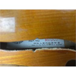 Four student violins - two Chinese three-quarter size with 33.5cm and 34cm two-piece backs; Stringers of Edinburgh quarter size with 28cm two-piece back; and Stentor quarter size with 28cm two-piece back; each in carrying case (4)