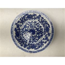 19th century Chinese blue and white bowl decorated with  pagoda river scenes, together with three plate oriental blue and white ceramics 