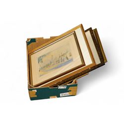 Collection of framed artworks, including a watercolour by  Lance Cattermole (British 1898-1992): View of the Victoria Memorial and the gates of Buckingham Palace; Five etchings, one watercolour, one portrait. 