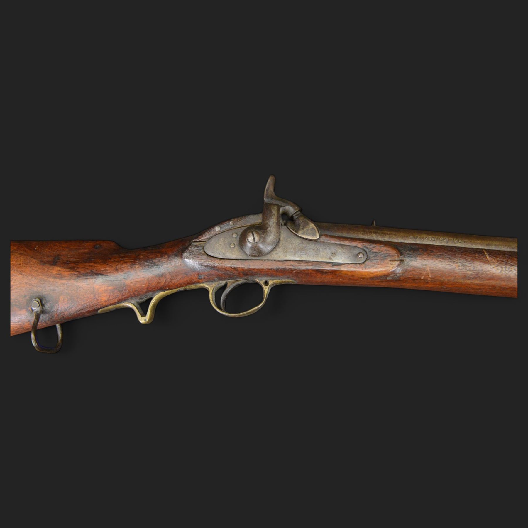 Percussion musket, the 70cm barrel with ramrod under, full walnut stock, with two sling swivels, overall L110cm
Sold as an exempt item under Section 58 (2) of the 1968 Firearms Act, to be held as a curiosity or ornament