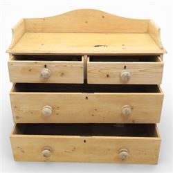 20th century pine chest of drawers, shaped galleried top, above two short over two long drawers, raised on bracket feet