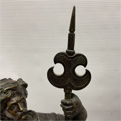 Pair of bronzed figure modelled as a hunter in traditional dress, each holding a pike, H48cm