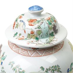 Chinese famille verte jar and cover, painted with traditional foliage and birds, Republic period, four character mark to base, H43cm 