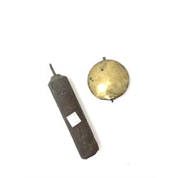 Early 19th century oak longcase clock, projecting cornice over frieze painted with scrolls, square glazed door enclosed by plain pilasters, square brass dial with ornate cast metal spandrels, Roman chapter ring and false subsidiary date aperture, engraved decoration and inscribed 'Torkington, Newcastle', 30-hour movement striking on bell