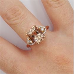 18ct rose gold radiant cut morganite and round brilliant cut diamond cluster ring, stamped 750, morganite approx 3.05 carat