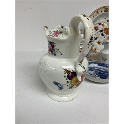 Collection of 19th century and later ceramics, to include a moulded jug with hand painted floral decoration, twin handled dish and saucer with floral sprigs, blue and white tea bowl with gilt border, etc  