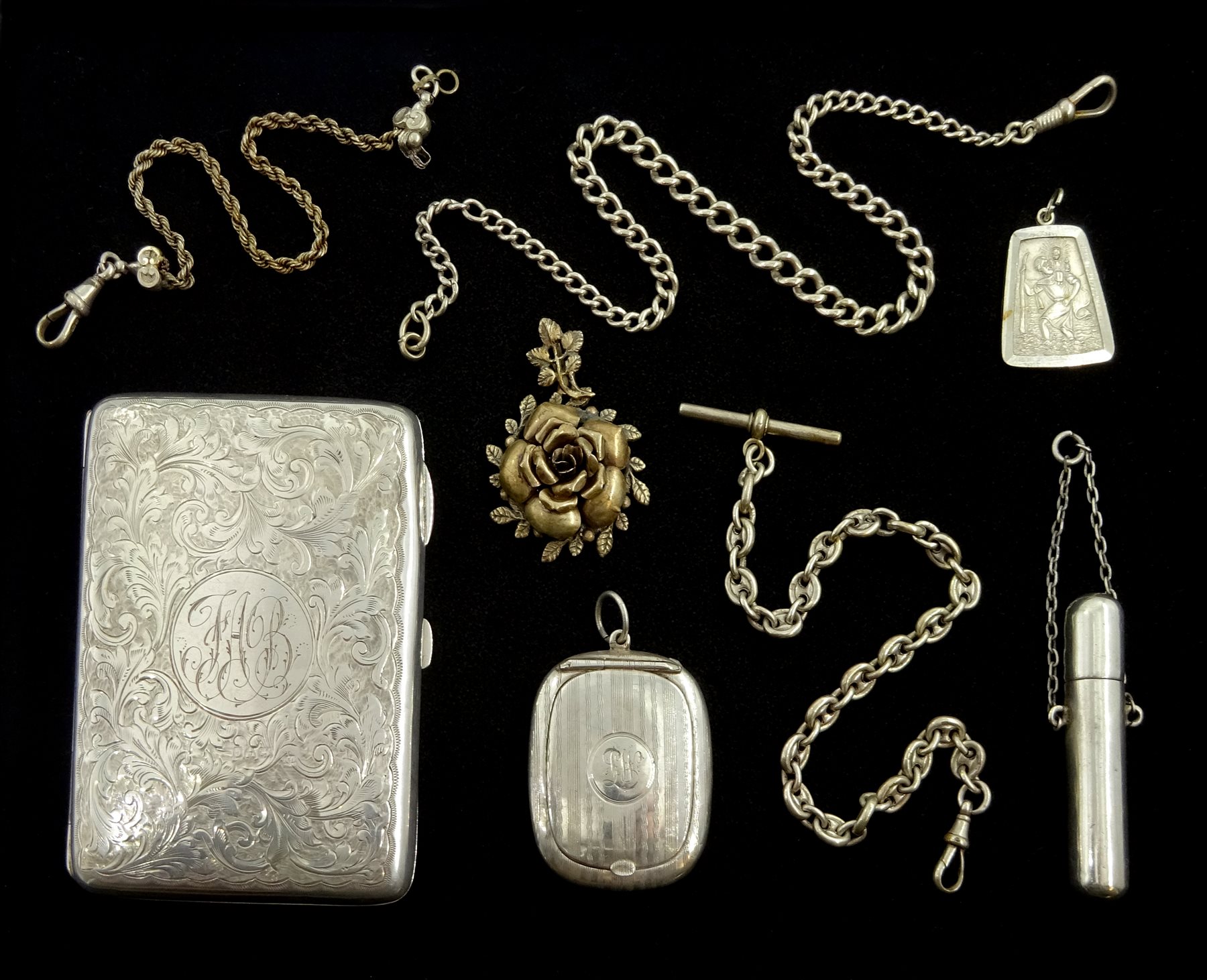 Silver snuff box by Adie & Lovekin Ltd, Birmingham 1920, Victorian silver anchor link T bar chain with clip by E Whitehouse & Son, Birmingham 1896,   silver case with interior organiser, silver cheroot holder, pendant, silver tapering chain chain etc, all hallmarked or tested