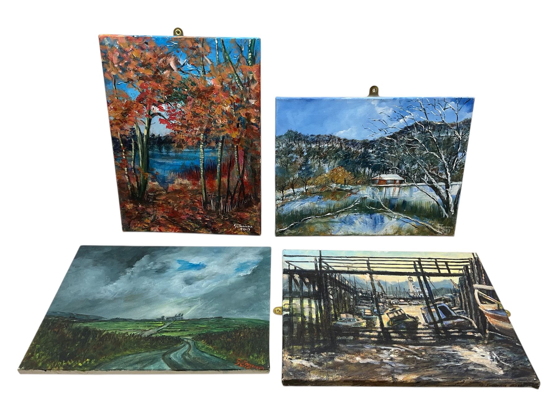 Giuseppe Ioanna (British 1956-): 'Low Tide in Scarborough' 'Red House' 'Autumn' and 'Back Road to Whitby', four acrylics on canvas signed and dated 2019 to 2016, respectively, titled verso 30cm x 40cm (4) (unframed)