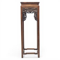 Chinese style hardwood open latticework plantstand, square top ove latticework spandrels raised on square supports united by stretchers