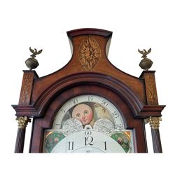John Bancroft of Scarborough - a fine late George III 8-day mahogany longcase clock, with an elaborate pagoda pediment, brass ball and eagle finials and oval conch shell inlay, break arch hood door flanked by reeded pilasters with brass Corinthian capitals, trunk with inlaid canted corners and a break arch trunk door with 