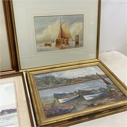 C Buinerman (20th century): Ships in Full Sail, watercolour signed and dated 1934; Shipping at Anchor, watercolour signed AJD and dated '23; 'Riverlets in the Snow', watercolour signed by Michael Perry and dated (20)18, titled verso; two further maritime oils, max 38cm x 77cm (5)