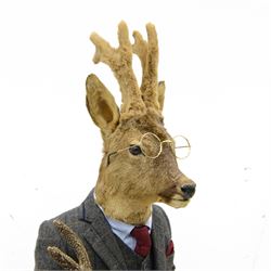 Anthropomorphic Taxidermy: Roe Deer (Capreolus capreolus), in a standing pose dressed as a gentleman with suit and waistcoat, leather shoes and horn handled thumbstick, H112cm