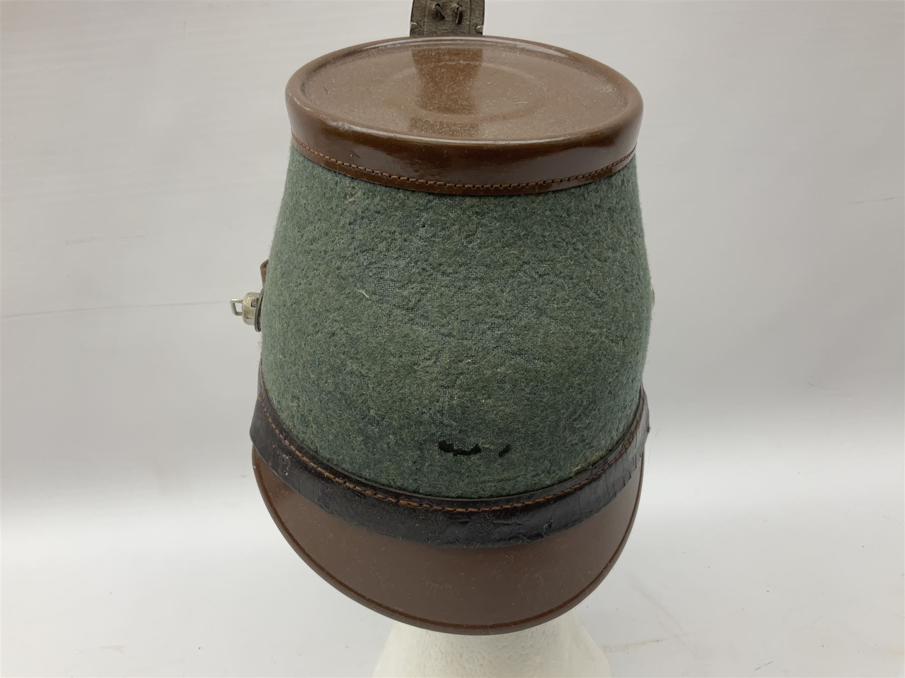 WW2 German rural police shako with helmet plate and liner; bears label 'Hans Romer Echt Fiber-Tschako Neu-Ulm (Donau)'