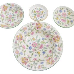 Minton Haddon Hall part dinner service, including teapot, nine dinner plates, nine soup bowls, two serving dishes, sauce boat and saucer etc in two boxes 