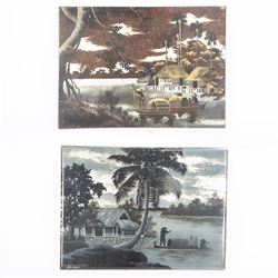 Two French Indochinese period paintings on wood, depicting riverscapes, together with French Indochinese poster, circa 1947-58, paintings H30cm, L40cm