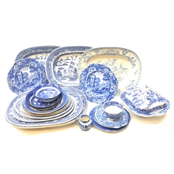  Eight Victorian Willow pattern meat plates of varying size, Asiatic Pheasant pattern meat plate, two Victorian Copeland Spode's Italian plates, tea plate, milk jug and sugar bowl and other blue and white   