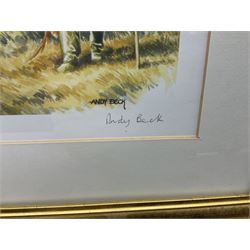 Five limited edition framed coloured prints of shooting interest comprising after C. Stanley Todd game birds taking flight in a mountainous lake landscape no.348/600; after J.C. Harrison game birds in flight over fields no.285/500; after Alan B. Hayman  'A Right and Left?' no.398/850; after Andy Beck 'Pheasant Drive' no.56/350; and after Leo Stans 'Autumn Air'; all signed on the mount; various frames (5)