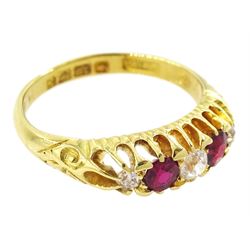 Edwardian 18ct gold five stone ruby and old cut diamond ring, Birmingham 1902, total ruby weight 0.40 carat, total diamond weight approx 0.20 carat