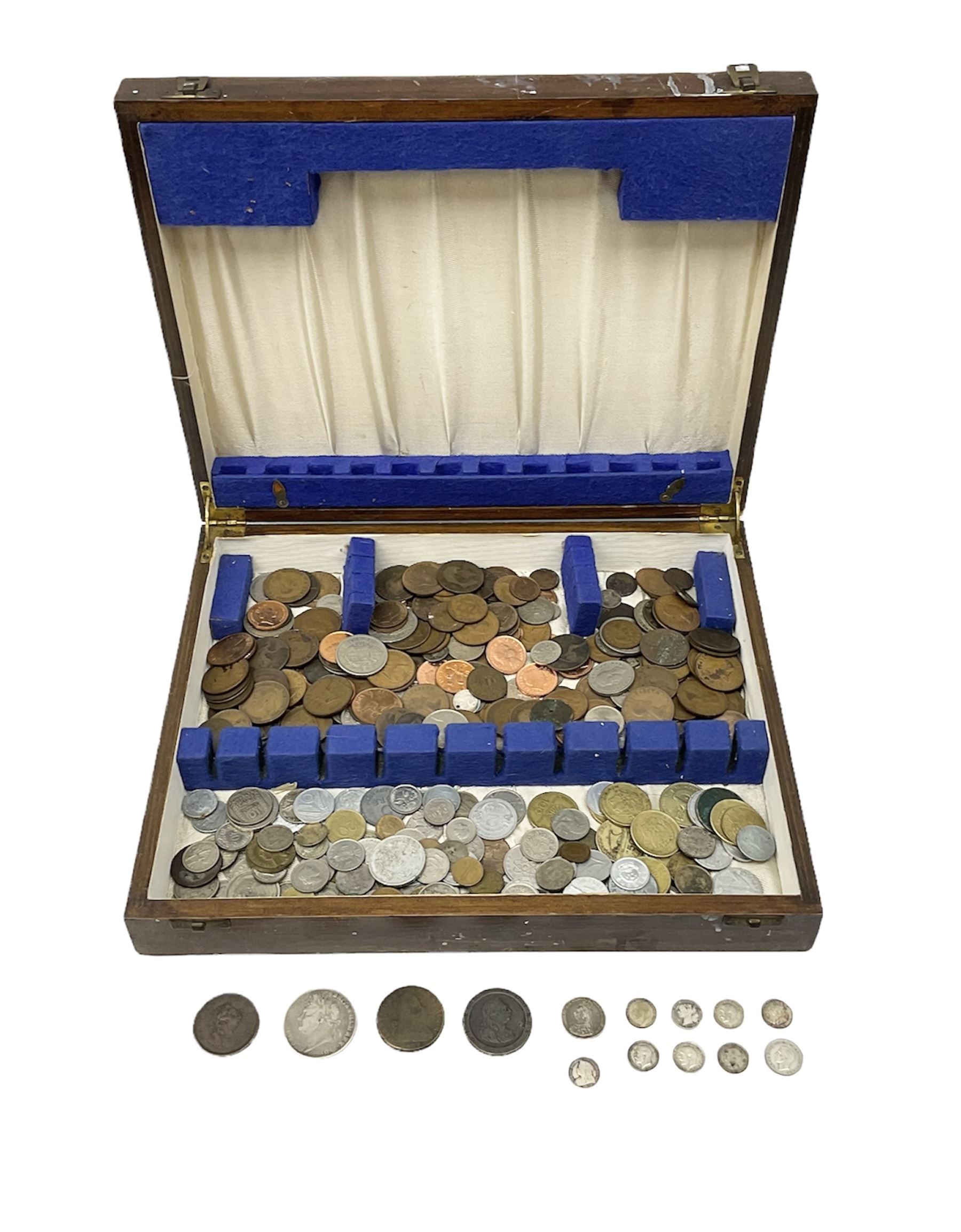 Great British and World coins, including George IIII 1821 crown, Queen Victoria 1887 shilling, various silver threepence pieces, George III 1805 Irish penny, pre-Euro coinage etc