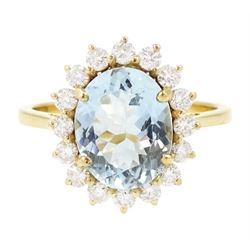 18ct gold aquamarine and diamond cluster ring, single oval cut aquamarine of approx 2.05 c...