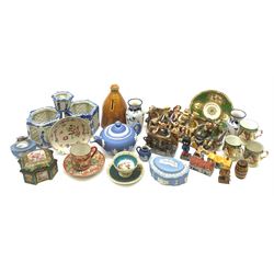 Pair of early 20th century Japanese hexagonal incense pots with reticulated panels and blue and white painted decoration, H9.5cm, a similar pot, three pieces of Runneford pottery, Sevres style porcelain box and cover, pair of Continental Lace pattern vases, Wedgwood jasperware and other ceramics