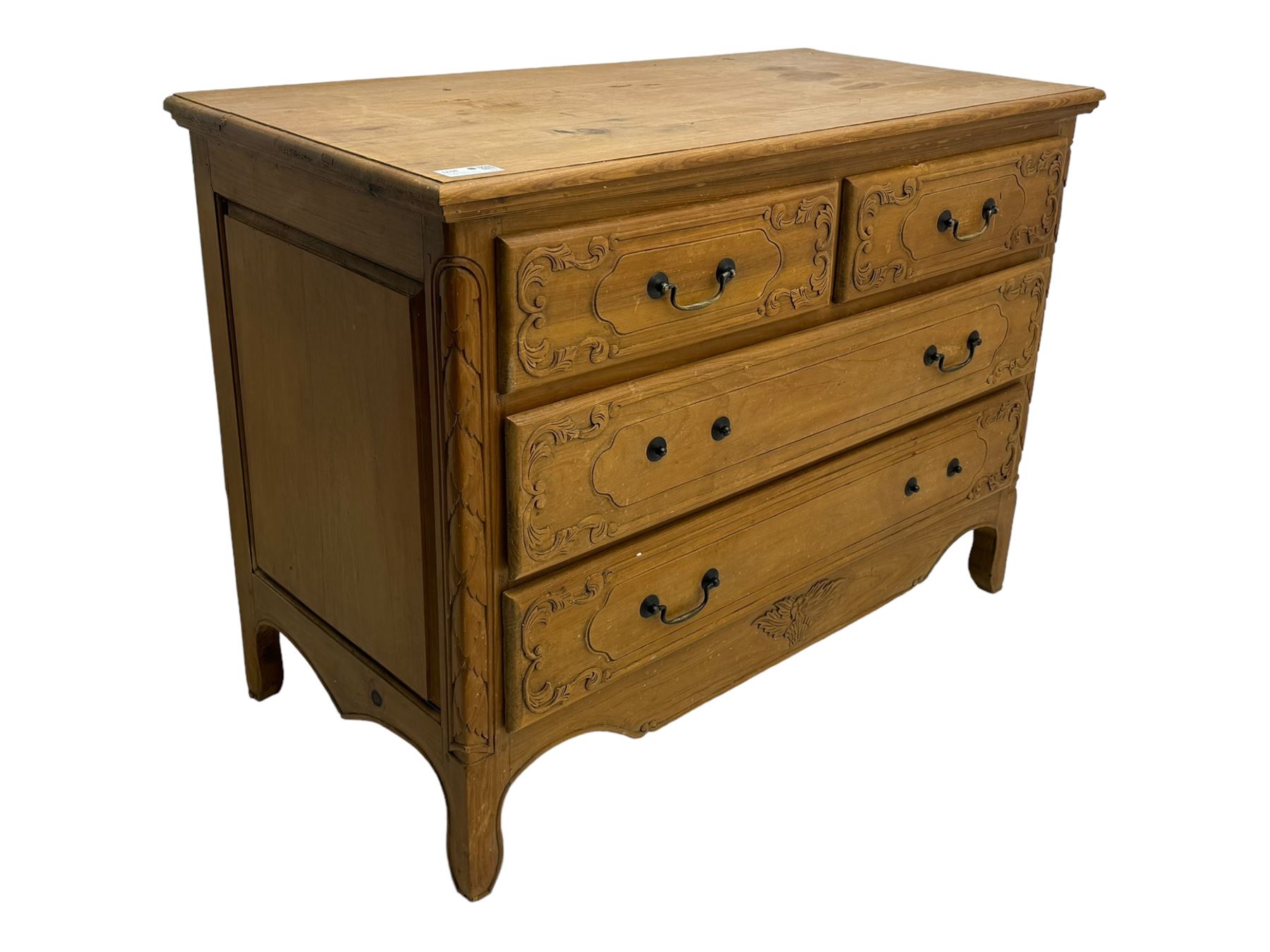 French design hardwood chest, rectangular top with moulded edge over two short and two long drawers with carved scrolling foliate decoration, flanked by carved acanthus leaf columns, on bracket supports