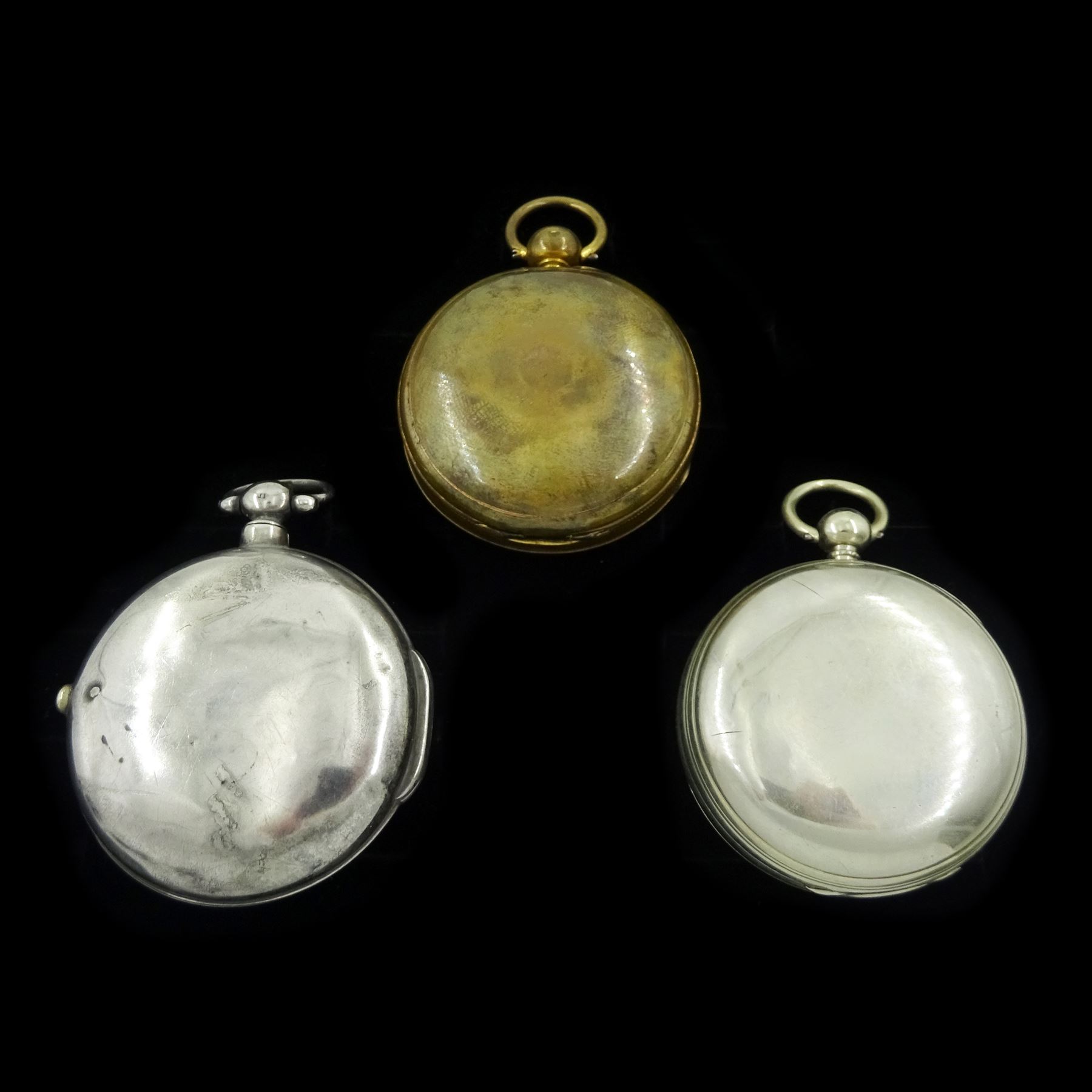 George III gilt open face fusee lever pocket watch by John Dwerrihouse Berkley Square, No. 4079, engraved balance cock with diamond endstone, two other fusee lever pocket watches by Strong, London and Thomas Hume, London, one with silver pair case, the other with white metal case
