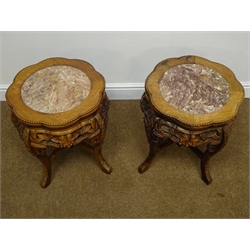  Pair early 20th century Chinese hardwood jardiniere stands, shaped circular tops with inset rouge marble panels, pierced frieze with angular curved supports joined by stretchers, D41cm, H49cm  