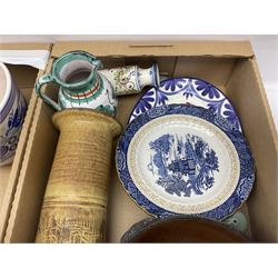 Portmeirion Botanic Garden jug, Poole Pottery planter, Denby coffee pot, Wedgwood Jasperware trinket box, Le Creuset oven dish and a collection of other ceramics, etc, in four boxes 