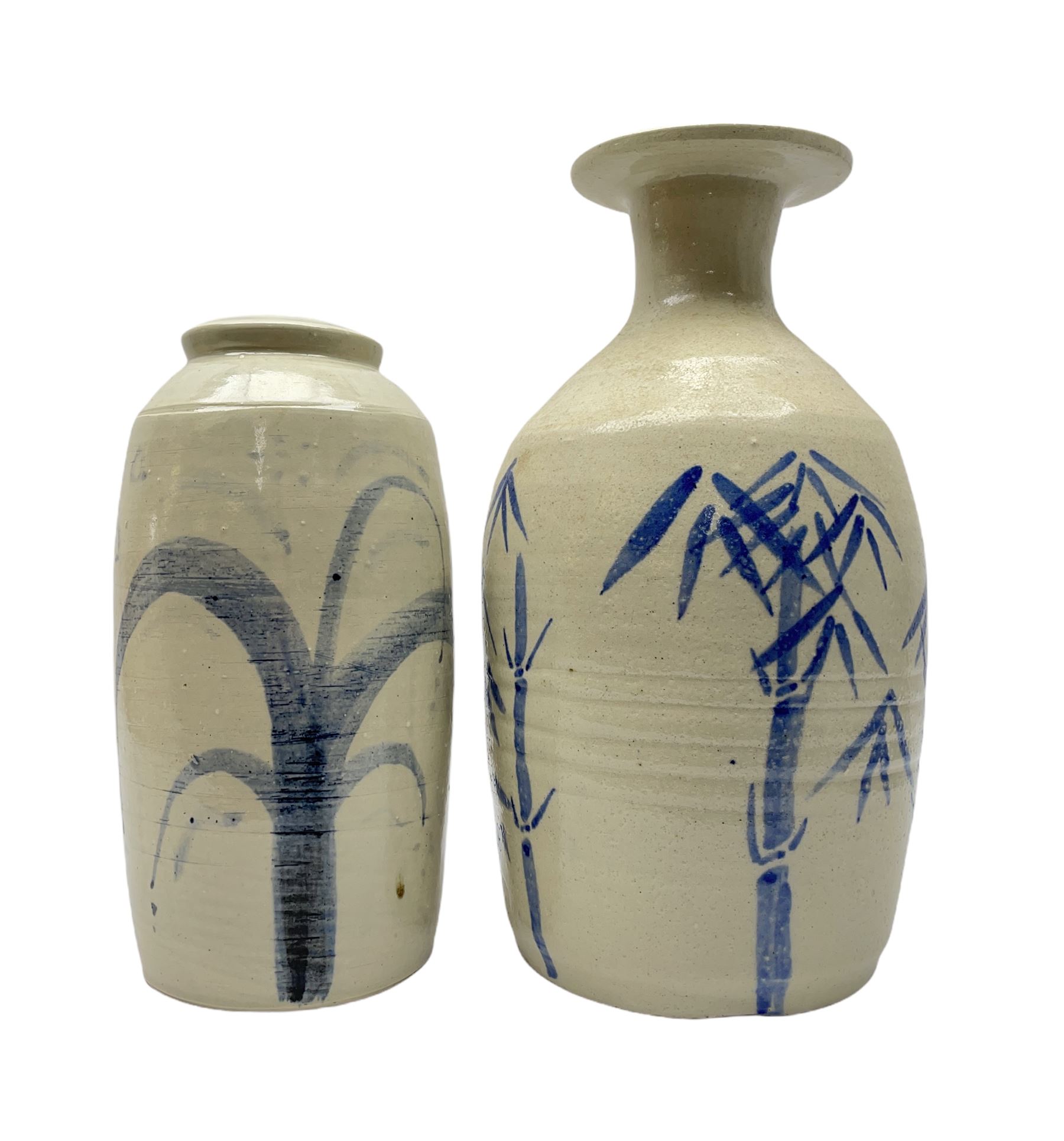 Jeremy Leach (British 1941-): Two Lowerdown Pottery Stoneware vases, one with flared trumpet neck, shouldered baluster body painted in blue with Bamboo and the other having similar decoration, impressed marks to both H32.5cm max (2)