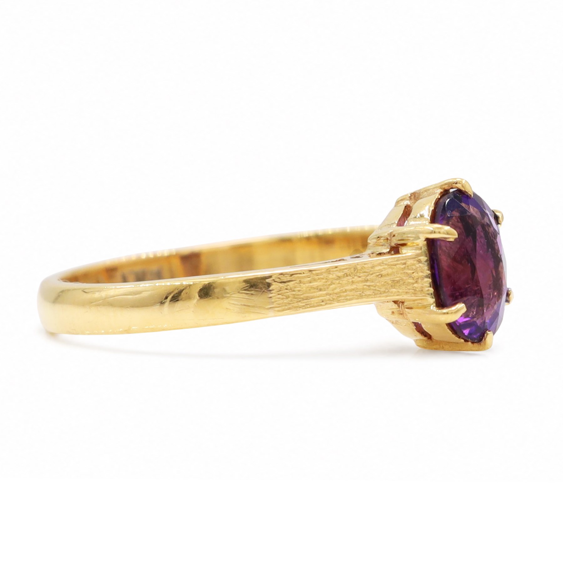 22ct gold amethyst ring, six claw set with a single oval cut amethyst, hallmarked
