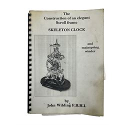 20th century scroll pattern Skeleton clock to the construction design of John Wilding, with an 8-day fusee movement and passing strike, with lantern pinions and brass wheels, Skeletonised brass dial with pierced Arabic numerals, cylindrical pendulum bob, with bespoke key and original construction book. 
John Wilding was a highly respected engineer and clockmaker publishing many books on the construction and repair of Fusee and weight driven clocks.

