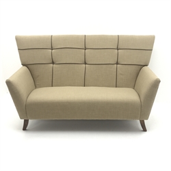High back three seat sofa upholstered in a neutral fabric with contrasting piping (W199cm) and a matching low back two seat sofa (W160cm)