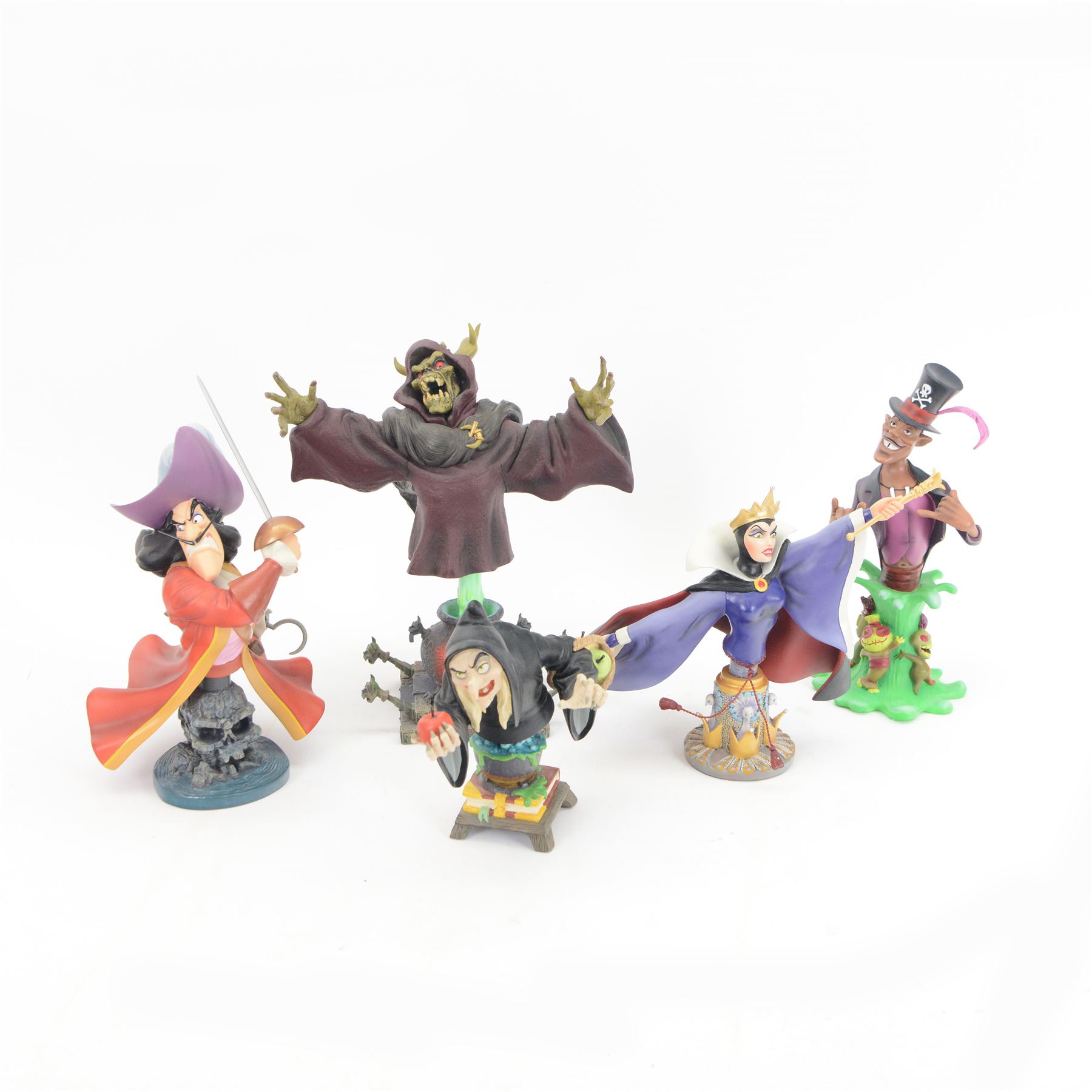 Grand Jester Studios Disney Showcase Collection figures, comprising The Queen, Captain Hook, The Witch, Horned King, Dr Facilier, all boxed