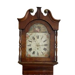 A mid-19th century 30 hour longcase clock in an oak and mahogany case with an inset maple panel and satinwood inlay, swans necked pediment with lions head paterae, break arch hood door flanked by ring turned columns, trunk with a wavy topped door and canted corners, on a broad plinth with a raised panel, painted dial with floral scenes to the spandrels and a depiction of a country girl to the arch, with roman numerals and minute track, matching stamped brass “Crown” hands and counter clockwise date recorder, dial inscribed “ Thornton, Bradford”, chain driven movement striking the hours on a bell. With pendulum and one weight.
G.H. Thornton is recorded as working Garnett Street Bradford, 1866


