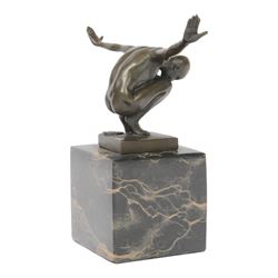 After Miguel Fernando Lopez Power of Silence, modelled as a athlete crouched with arms outstretched, signed Milo, upon a marble plinth, H15cm