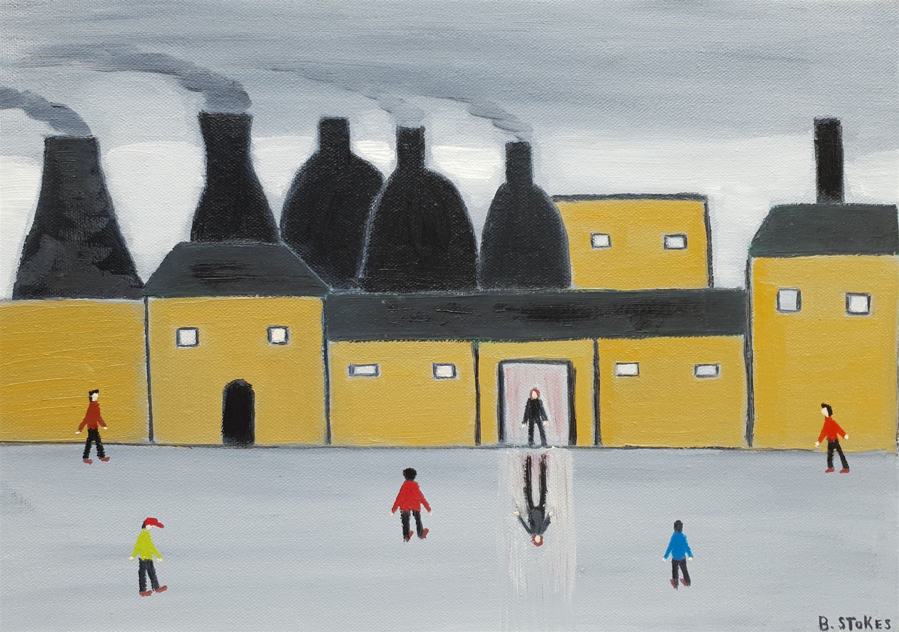 Barry Stokes (Northern British Contemporary): 'Pottery Factory', oil on canvas signed 25cm x 35cm