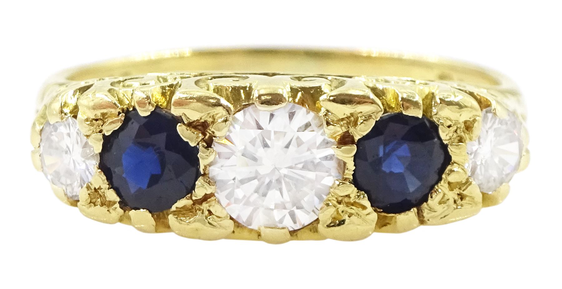 18ct gold five stone round brilliant cut diamond and sapphire ring, London 1975, total diamond weight approx 0.60 carat