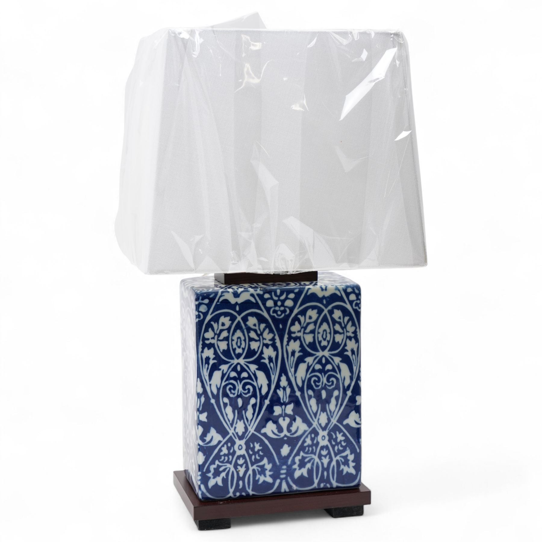 Pair of Ralph Lauren blue and white table lamps, with shades, H41cm