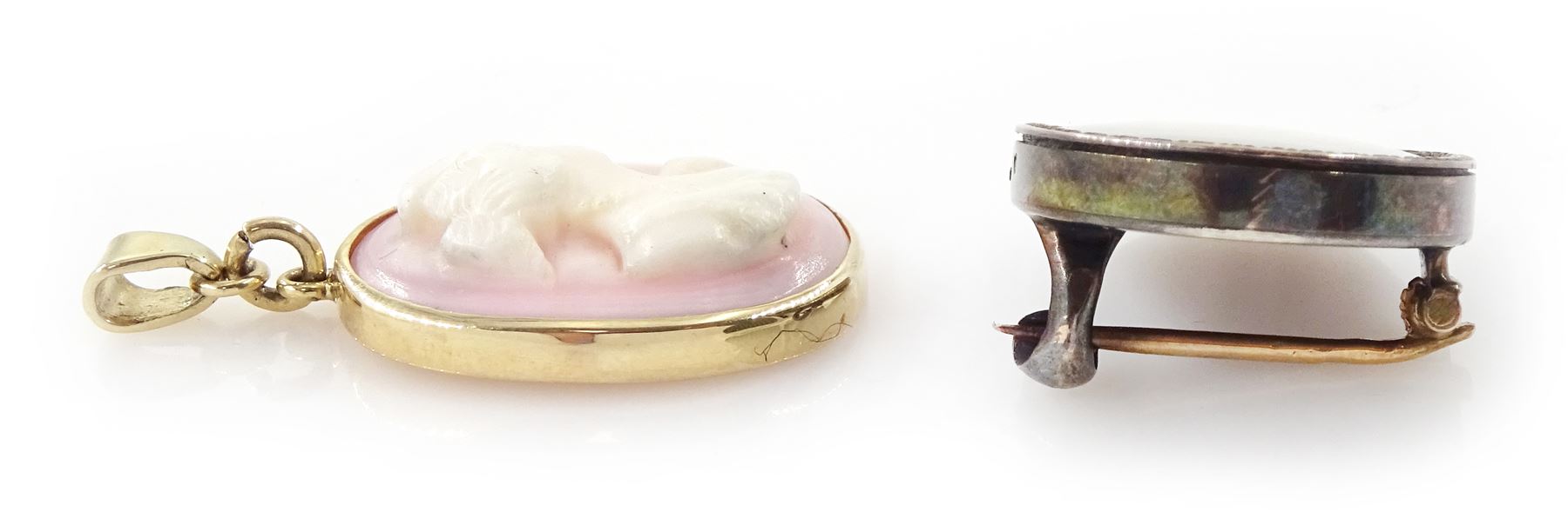 19th/ early 20th century French portrait brooch, set with an oval miniature of a woman on ivory and a 9ct gold cameo pendant. This lot has been registered for sale under Section 10 of the APHA Ivory Act