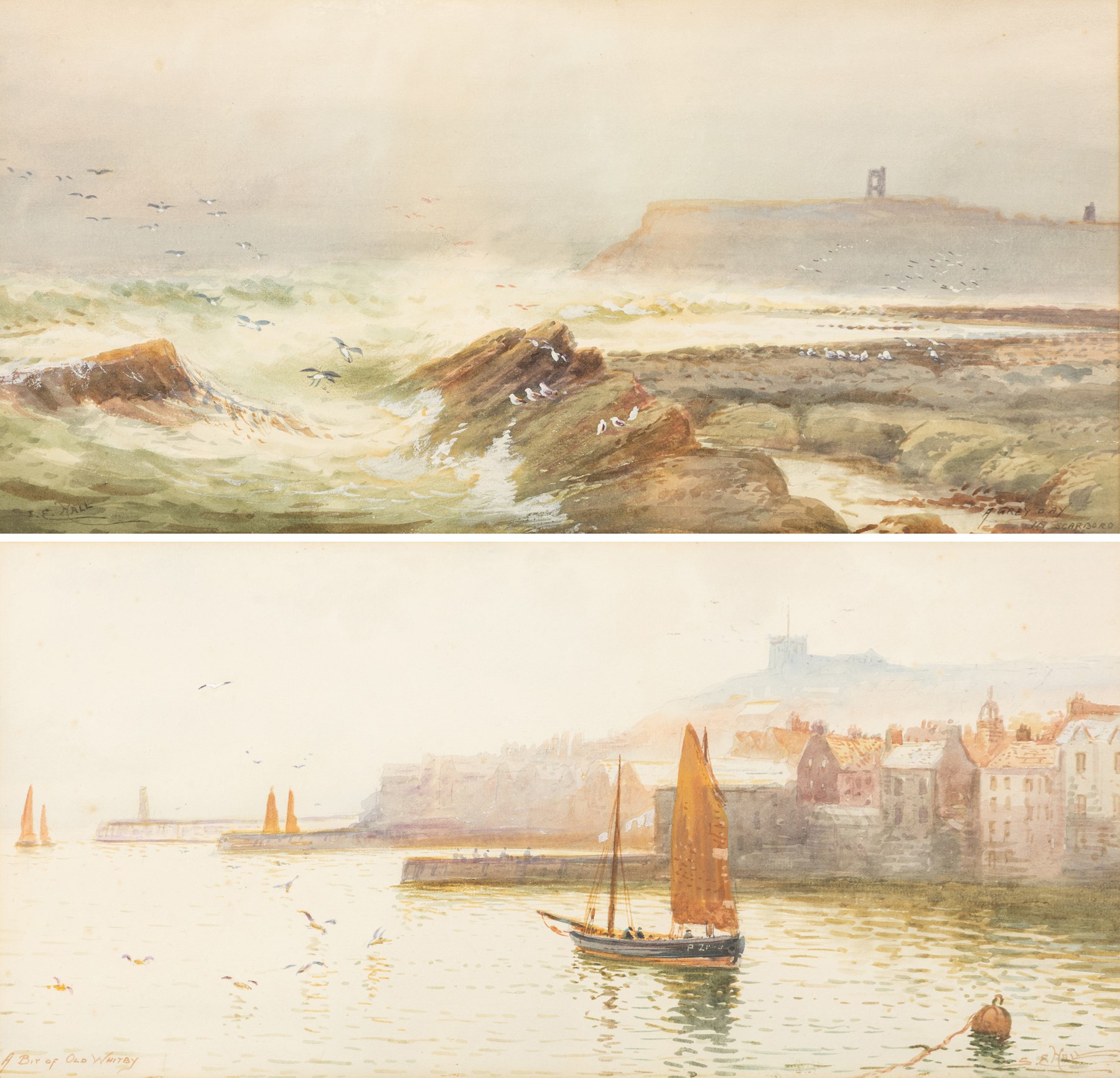 S E Hall (British fl.1910-1930): 'A Grey Day in Scarborough' and 'A Bit of Old Whitby', pair of watercolours signed and titled, in matching frames 20.5cm x 42.4cm (2)