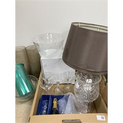 Pair of brown ceramic table lamps with fabric shades, twin handled wood bowl, glass lamp and other glassware to include Glenagles boxed bowl, quantity of treen and metalware etc